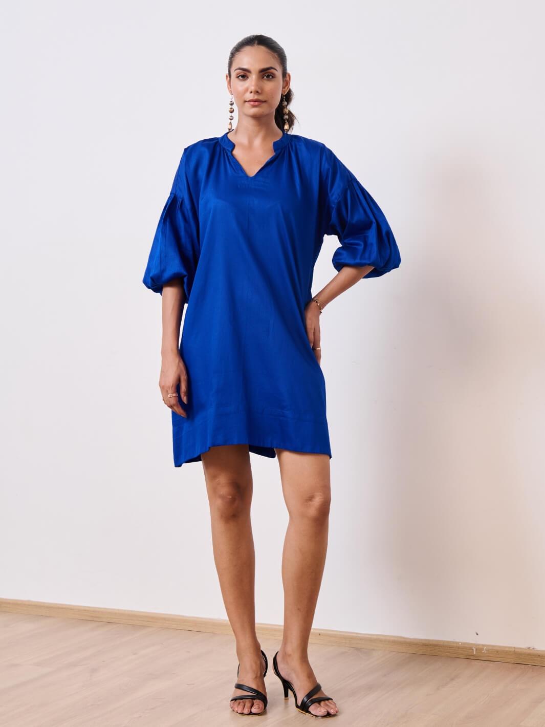 Blue Cotton Satin Short Party Dress with Balloon Sleeves – MoonTara