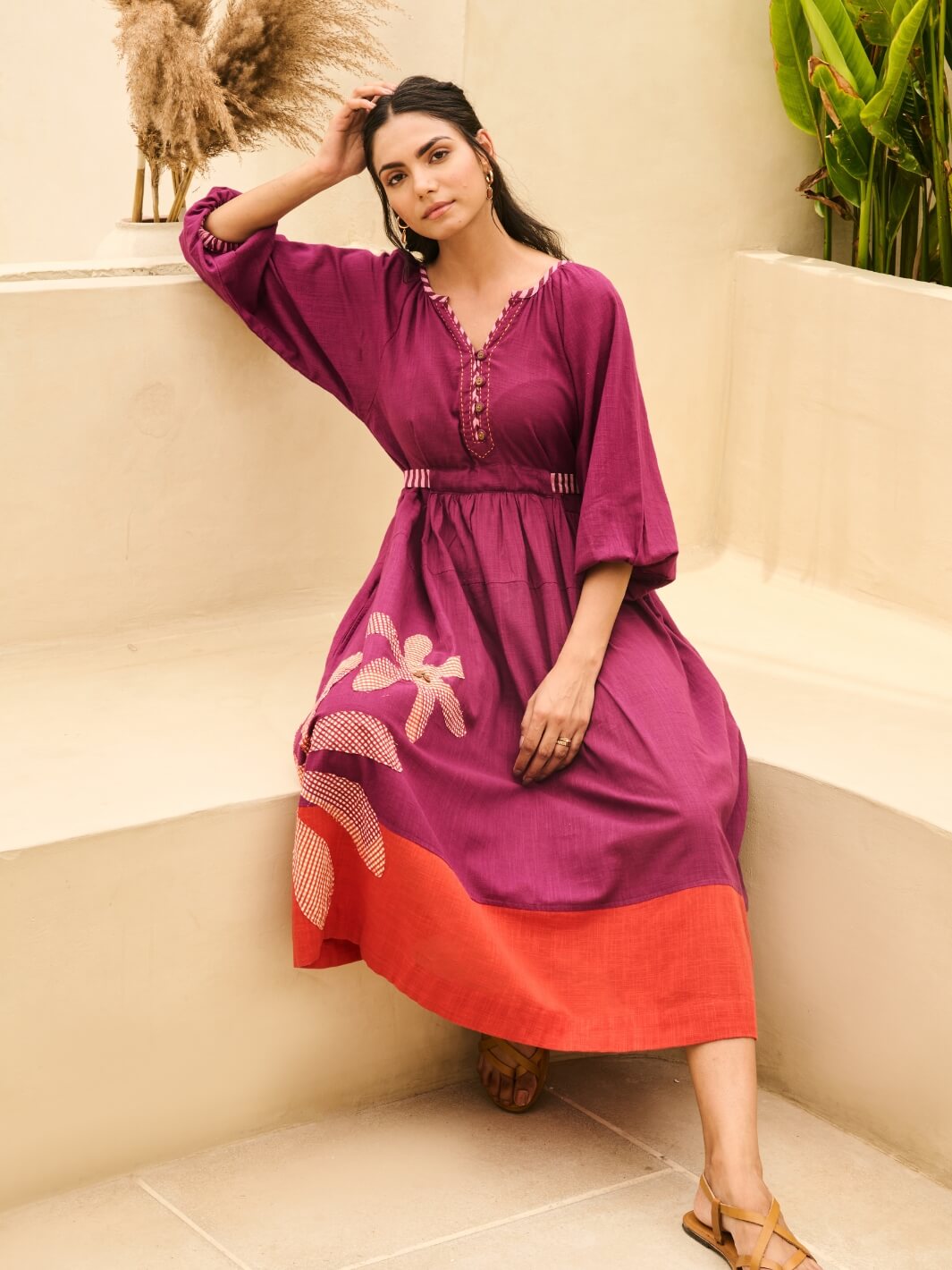 Purple Cotton Embroidered Maxi Dress with Balloon Sleeves MoonTara Purple Cotton Embroidered Maxi Dress with Balloon Sleeves MoonTara