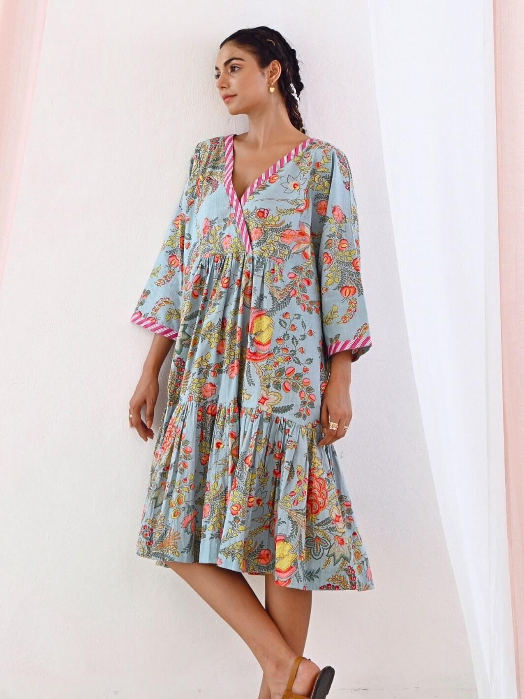 aqua v neck midi dress Aqua Blue Cotton V-Neck Midi Floral Dress – MoonTara