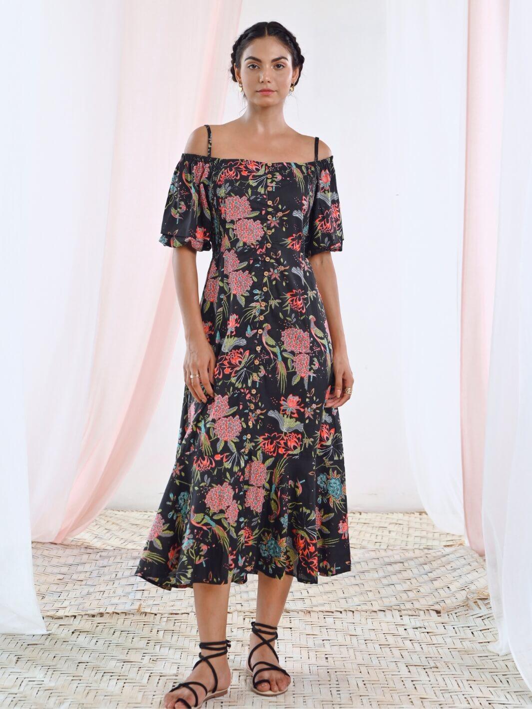 Black Cotton Maxi Cold Shoulder Dress  MoonTara