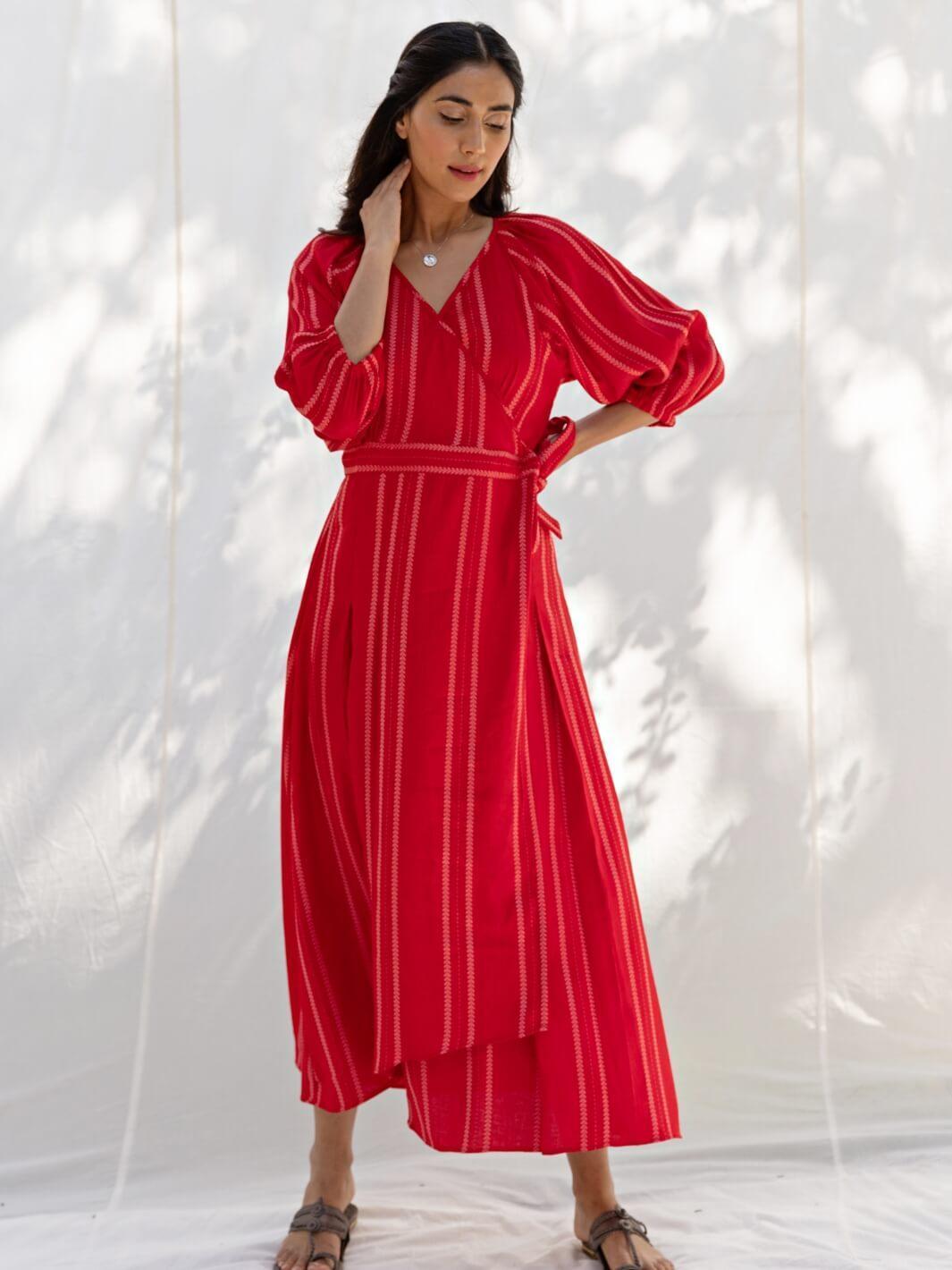 Cherry Red Cotton Maxi Wrap Dress – MoonTara
