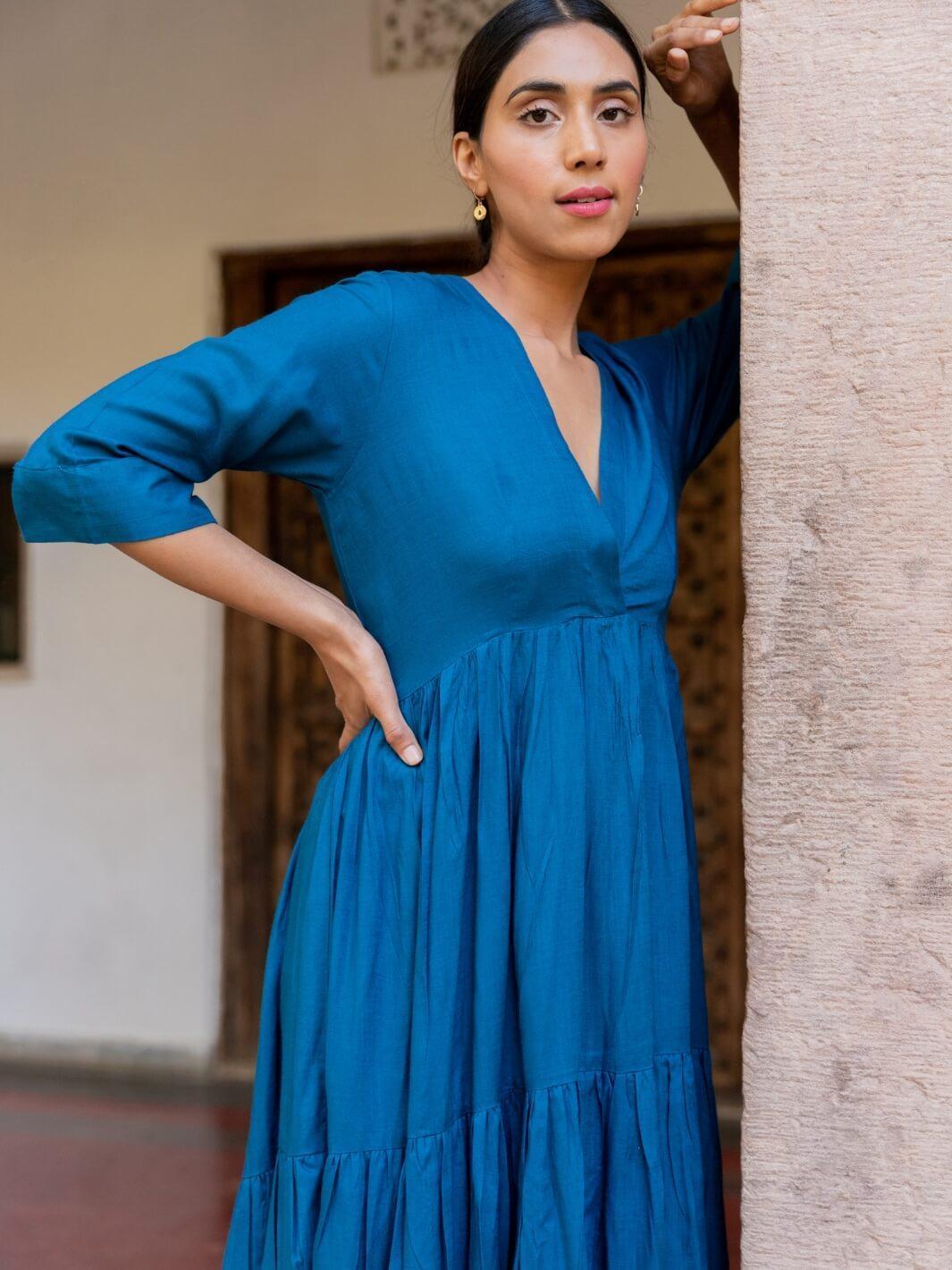 Cobalt Blue Flared Long Cotton Maxi Dress – MoonTara