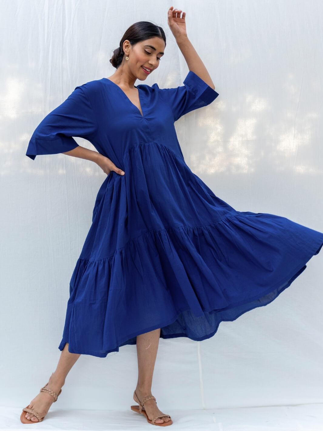 Deep Blue Flared Long Cotton Maxi Dress MoonTara Deep Blue Flared Long Cotton Maxi Dress MoonTara
