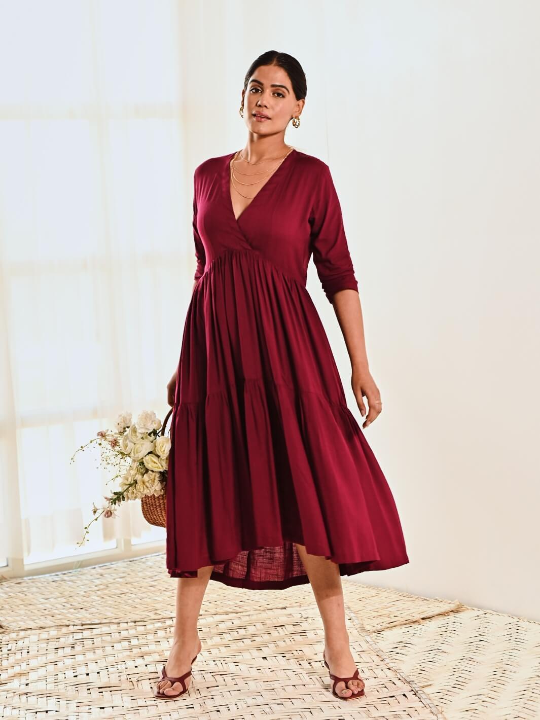 Maroon Cotton V neck Maxi Long Dress MoonTara Maroon Cotton V neck Maxi Long Dress MoonTara