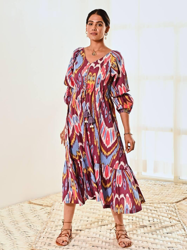 Purple Ikat Print Cotton Long Dress - Moontara