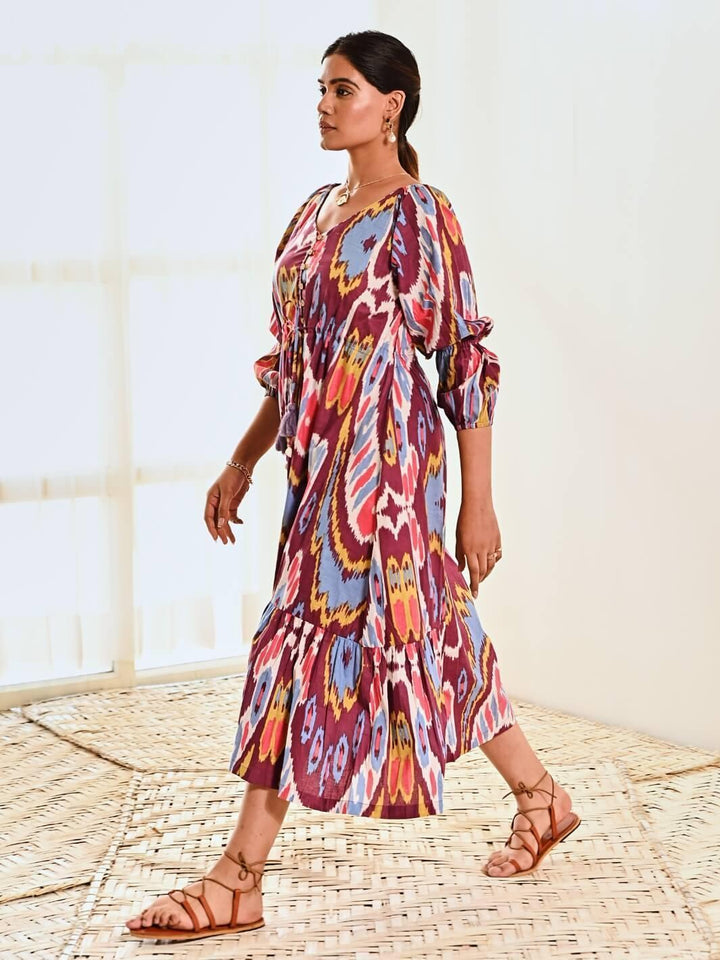 Purple Ikat Print Cotton Long Dress - Moontara