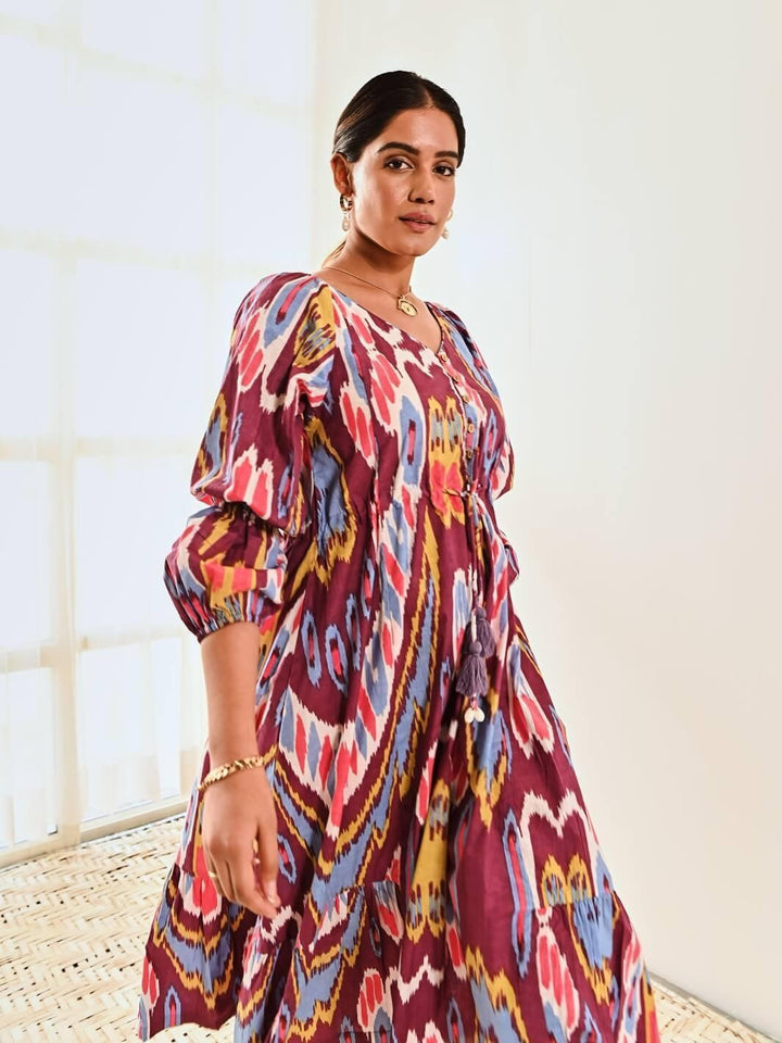 Purple Ikat Print Cotton Long Dress - Moontara