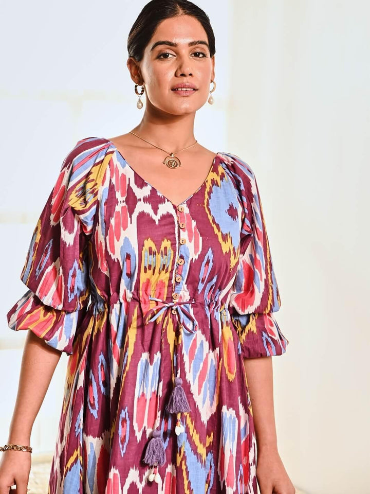 Purple Ikat Print Cotton Long Dress - Moontara