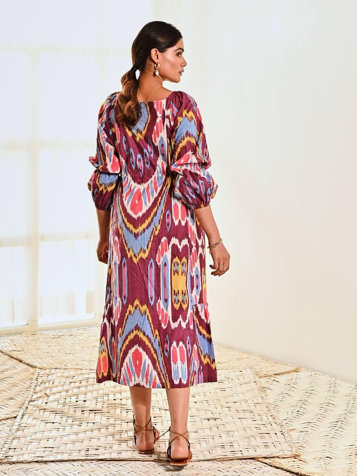 Purple Ikat Print Cotton Long Dress - Moontara