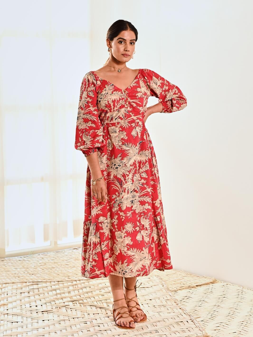 Red Cotton Floral Print A Line Long Dress MoonTara Red Cotton Floral Print A Line Long Dress MoonTara