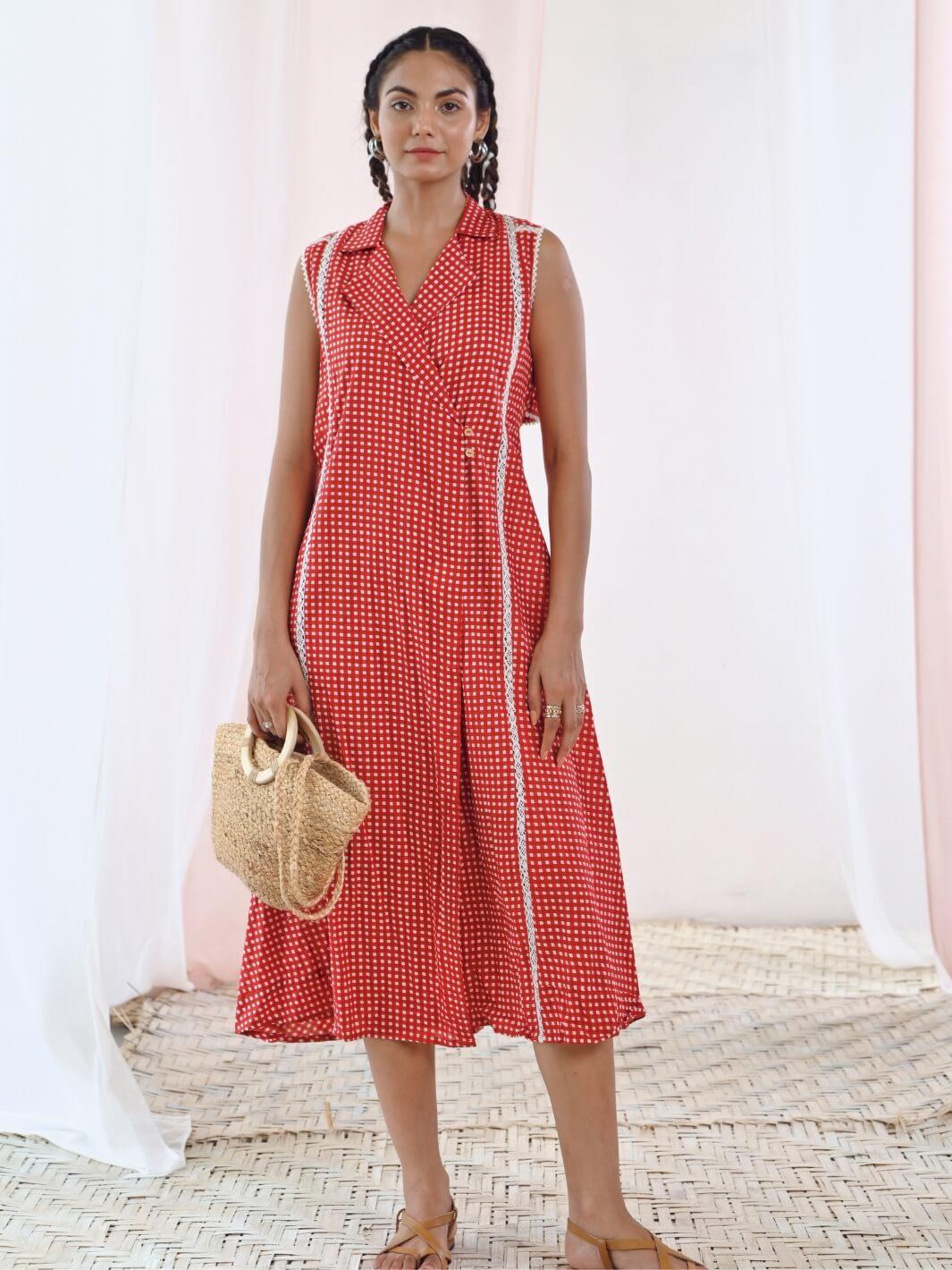 Red Printed Cotton Sleeveless Wrap Dress – MoonTara