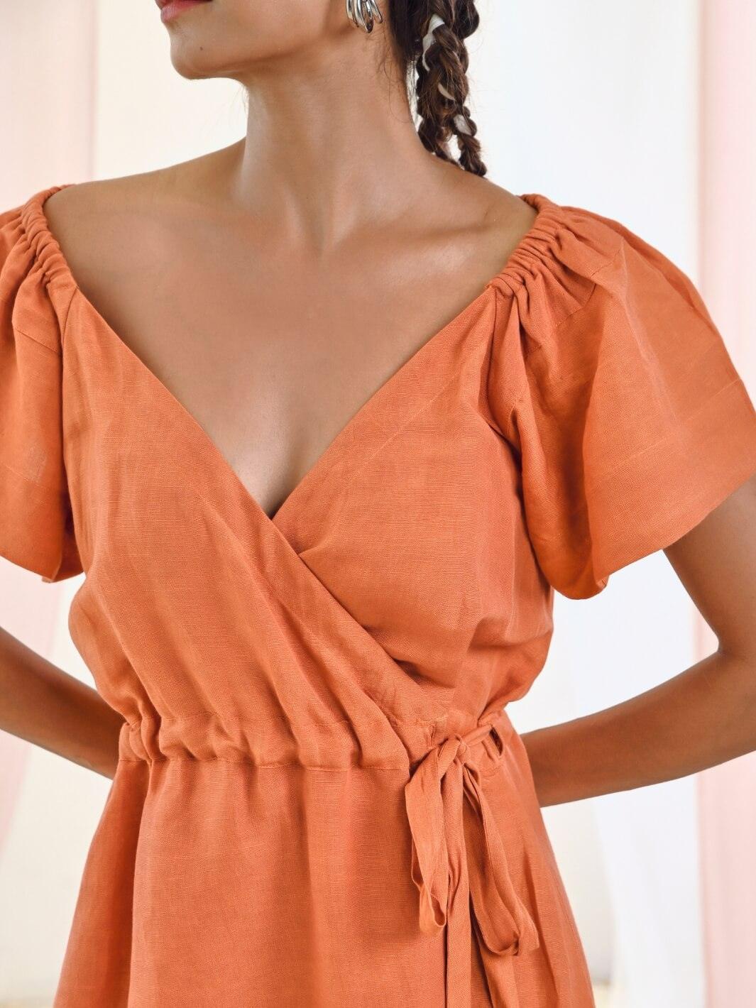 chinese dress ladies Rust Orange Linen Wrap Dress with Short Sleeves – MoonTara