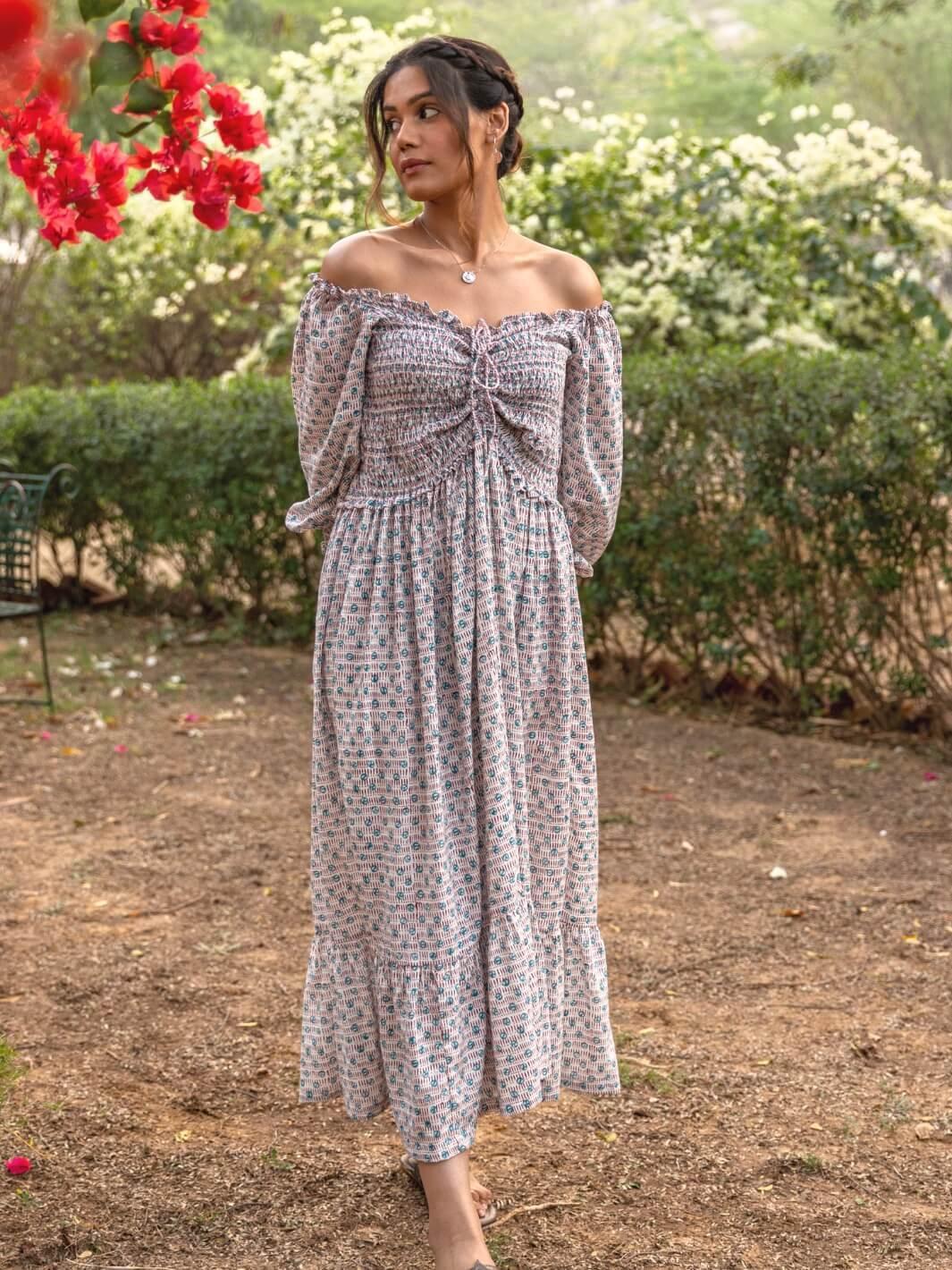 White Handblock Print Long Cotton Midi Dorry Dress MoonTara White Handblock Print Long Cotton Midi Dorry Dress MoonTara