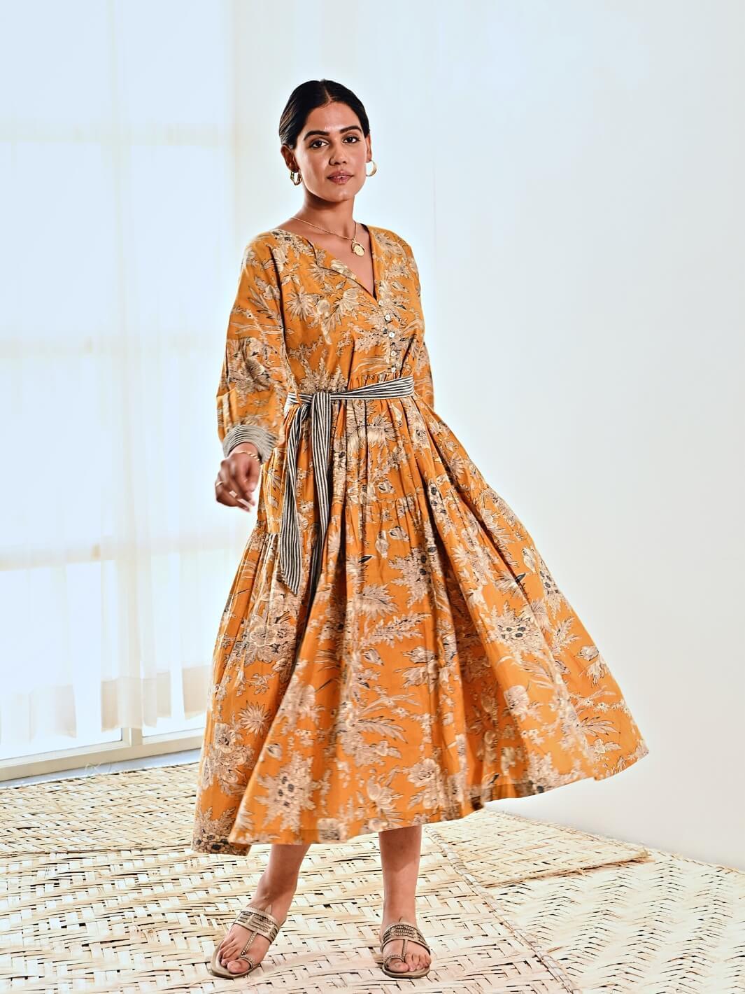 Yellow Cotton Floral Print Maxi Long Dress with Belt – MoonTara