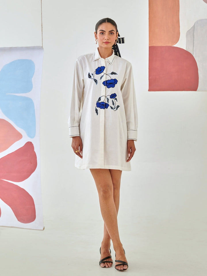 Short White Shirt Dress With Floral Embroidery Detail