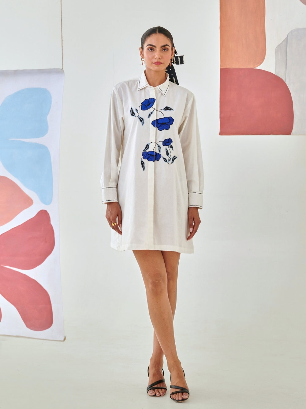 Short White Shirt Dress With Floral Embroidery Detail