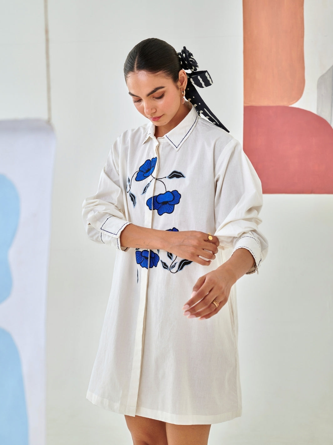 Short White Shirt Dress With Floral Embroidery Detail