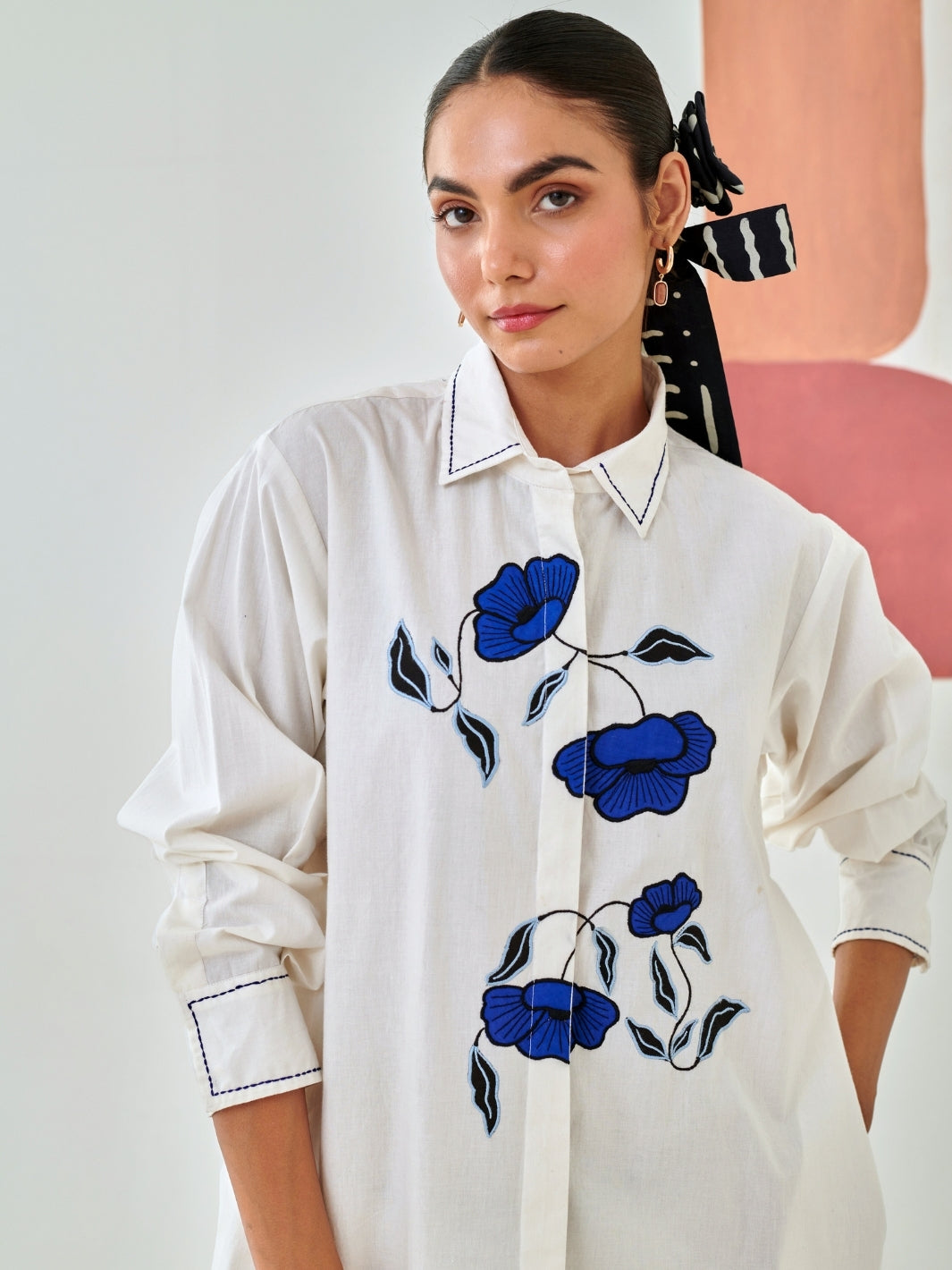 Short White Shirt Dress With Floral Embroidery Detail