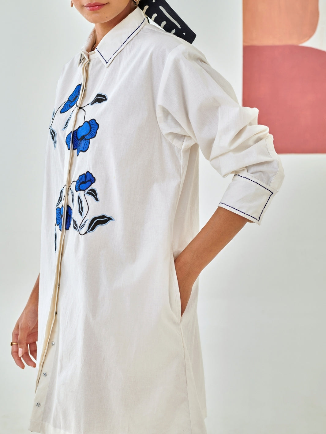 Short White Shirt Dress With Floral Embroidery Detail