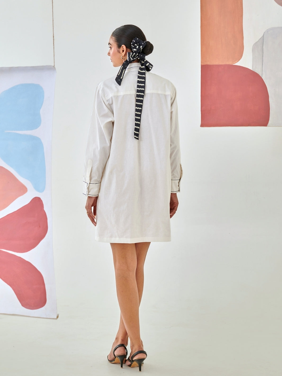 Short White Shirt Dress With Floral Embroidery Detail