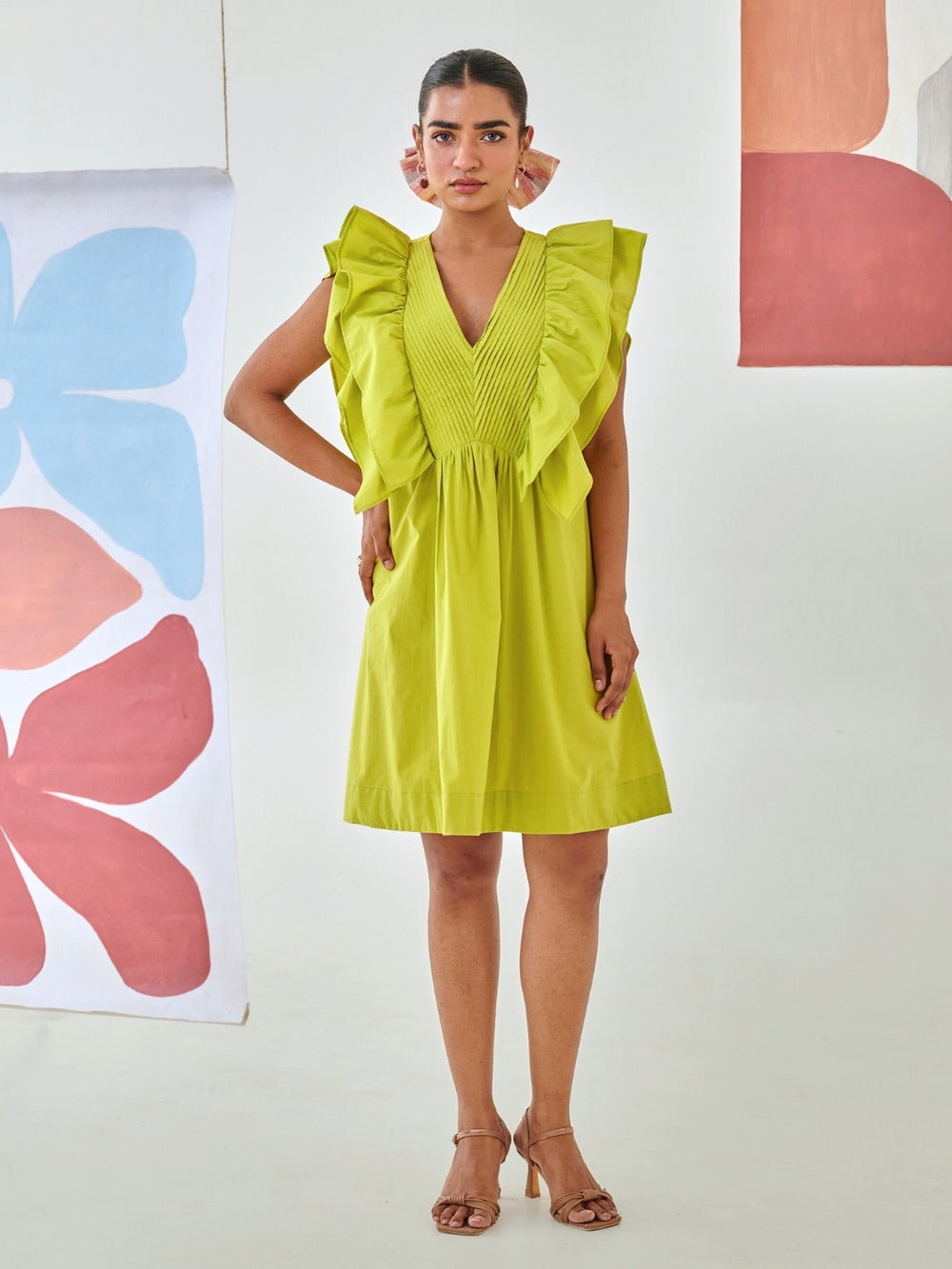 Lemon Short Ruffled Dress With Pin-Tuck Detail