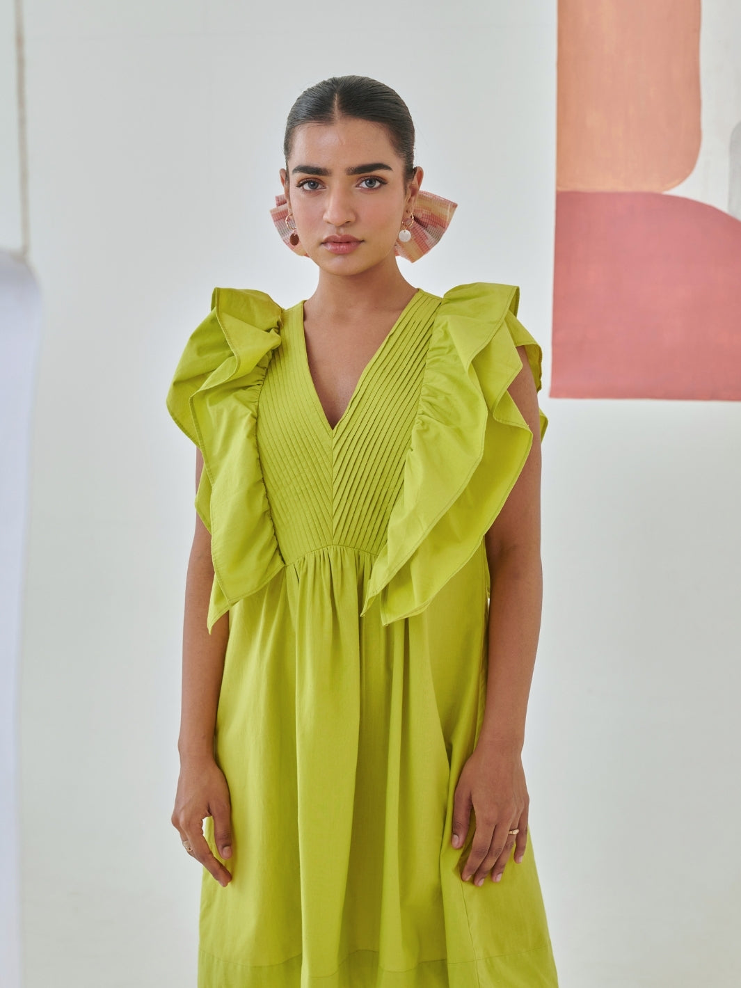 Lemon Short Ruffled Dress With Pin-Tuck Detail