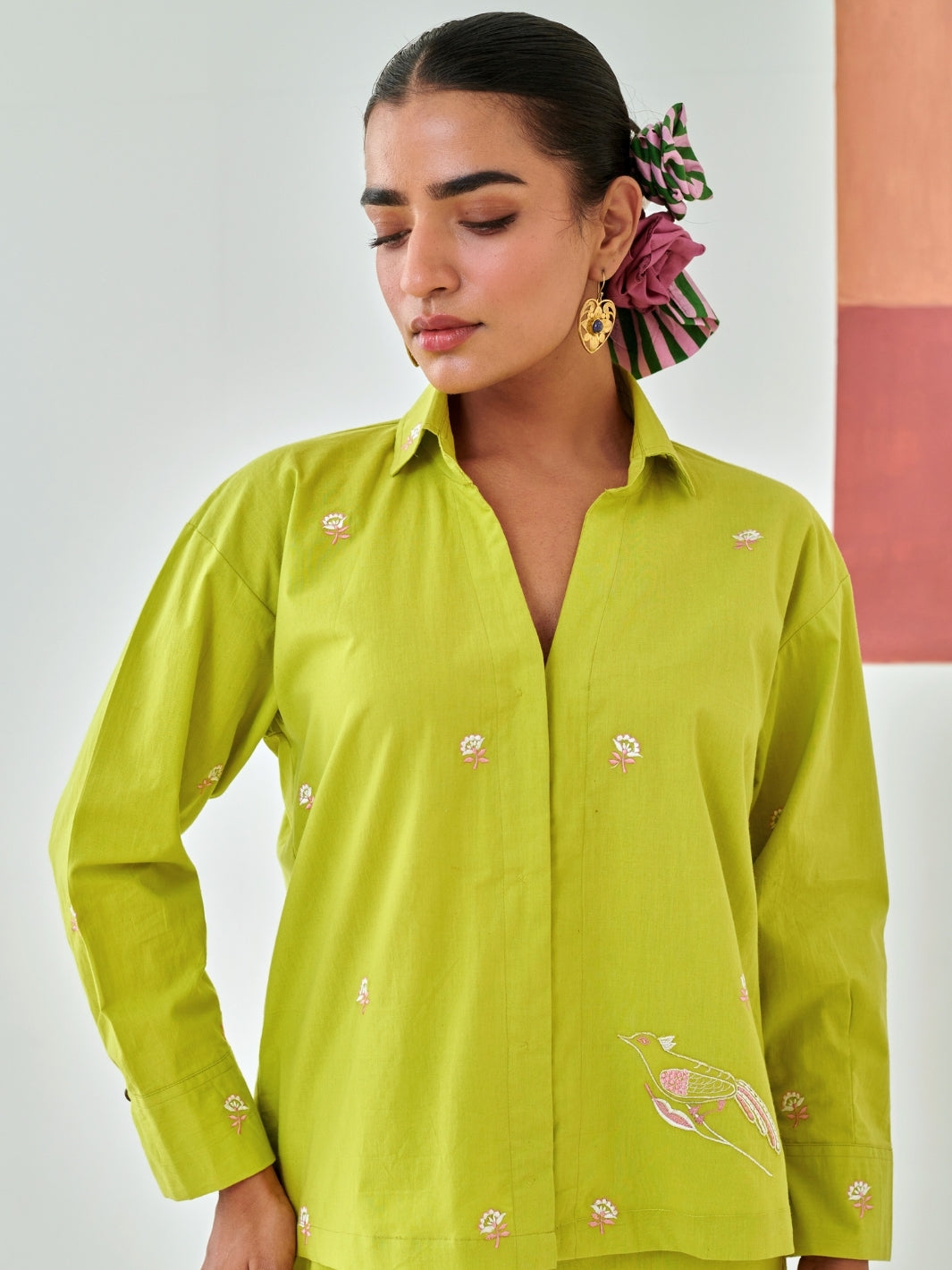 Lemon Shirt With Floral Embroidery Detail