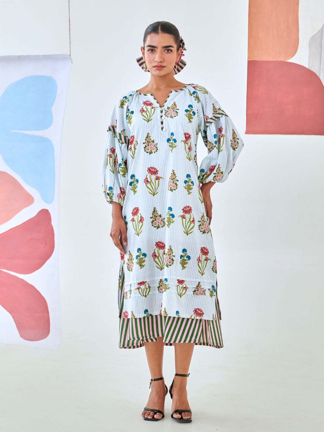 Aqua Floral Printed Double Layered Dress