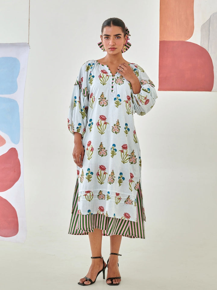Aqua Floral Printed Double Layered Dress
