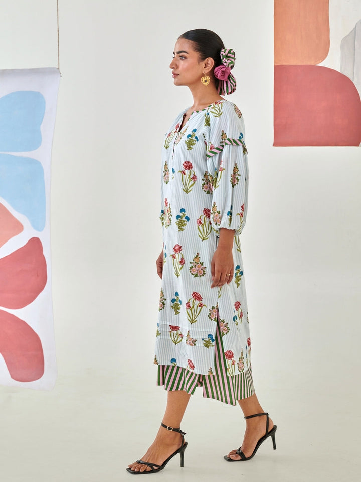 Aqua Floral Printed Double Layered Dress