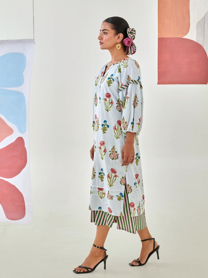Aqua Floral Printed Double Layered Dress
