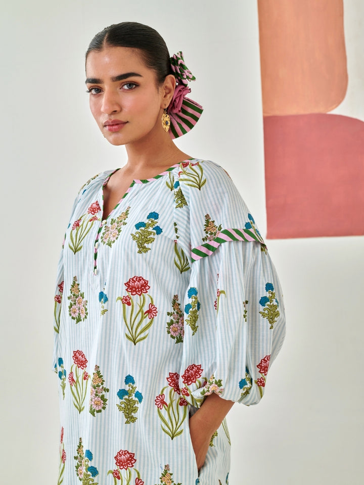 Aqua Floral Printed Double Layered Dress