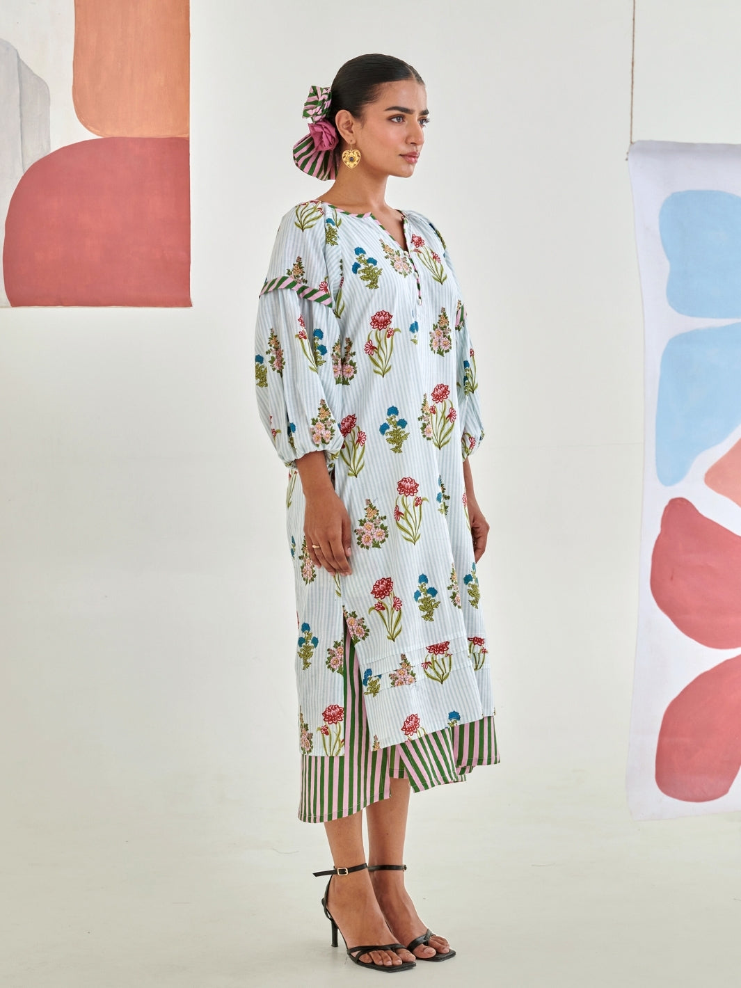 Aqua Floral Printed Double Layered Dress