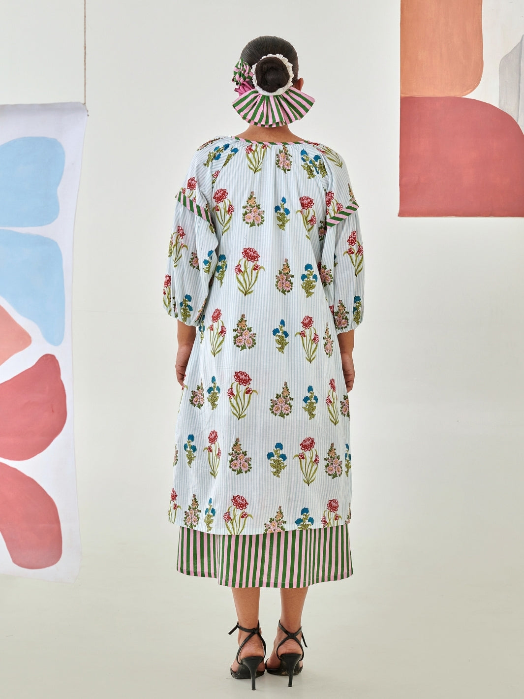 Aqua Floral Printed Double Layered Dress