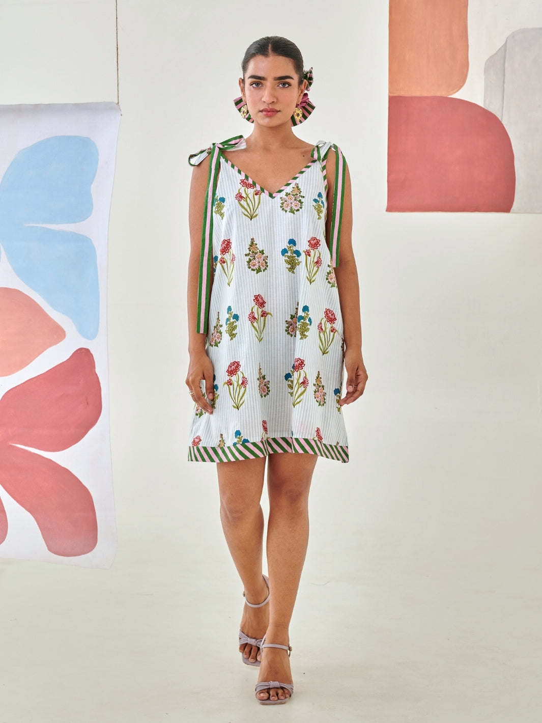 Aqua Floral Printed Short Dress With Tie Up Detail