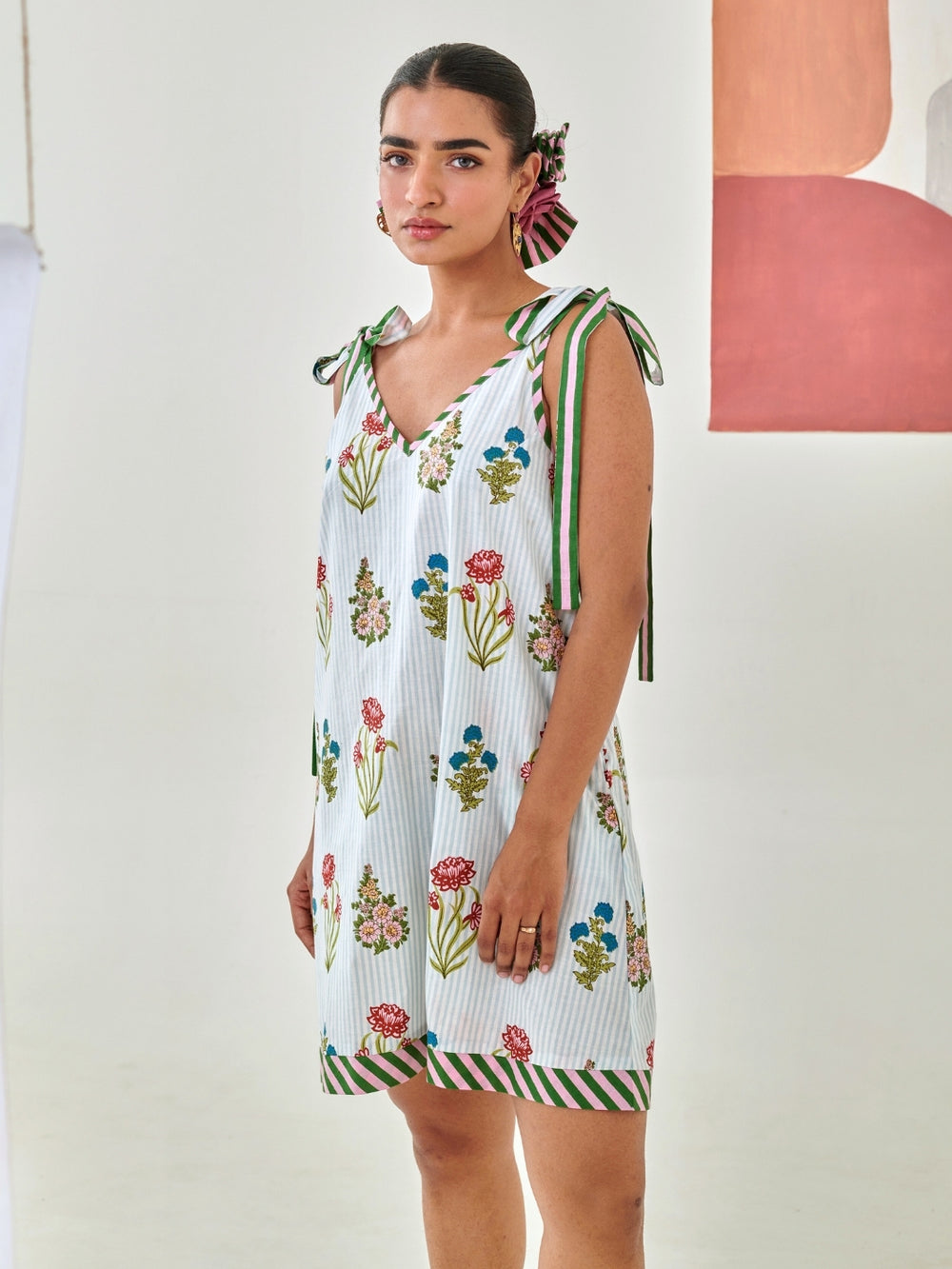 Aqua Floral Printed Short Dress With Tie Up Detail