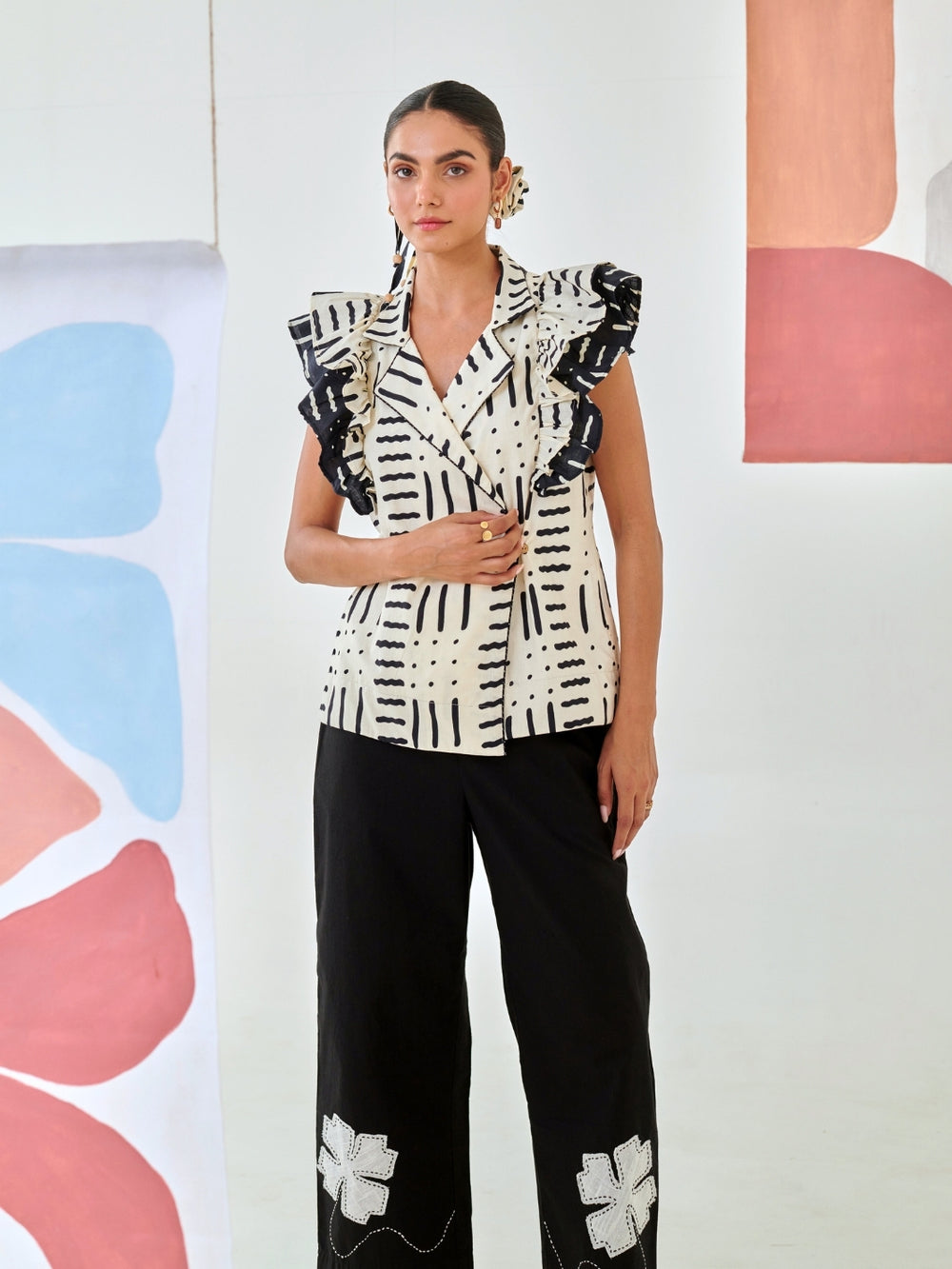 Black & White Printed Ruffled Jacket With Black Flower Patch Pants