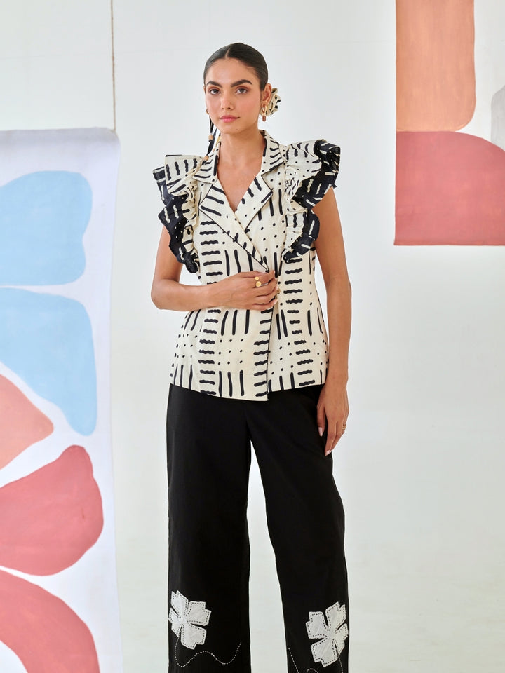 Black & White Printed Ruffled Jacket With Black Flower Patch Pants