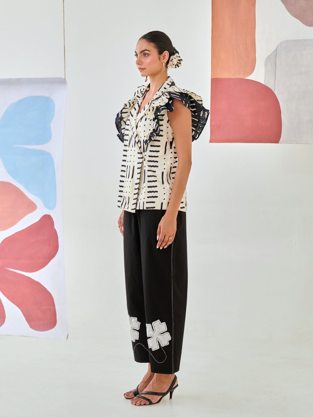 Black & White Printed Ruffled Jacket With Black Flower Patch Pants