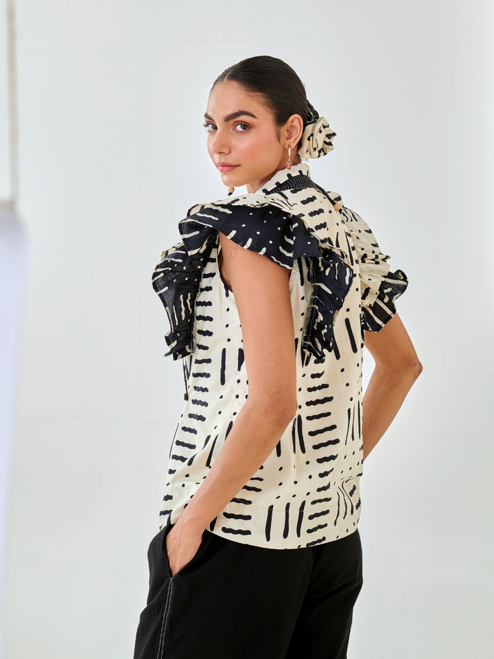 Black & White Printed Ruffled Jacket With Black Flower Patch Pants