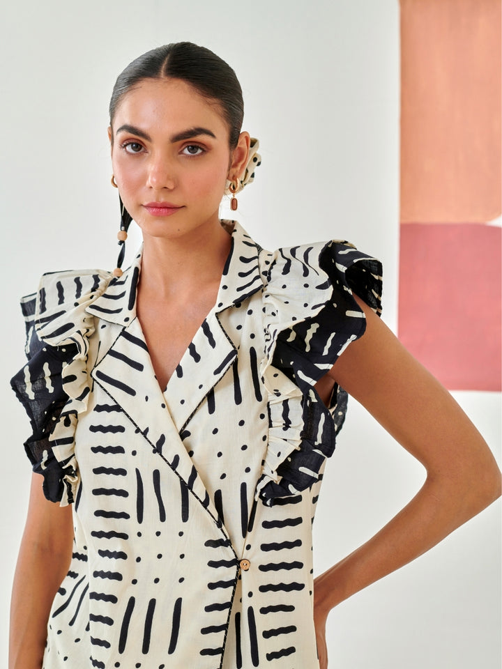 Black & White Printed Ruffled Jacket With Black Flower Patch Pants