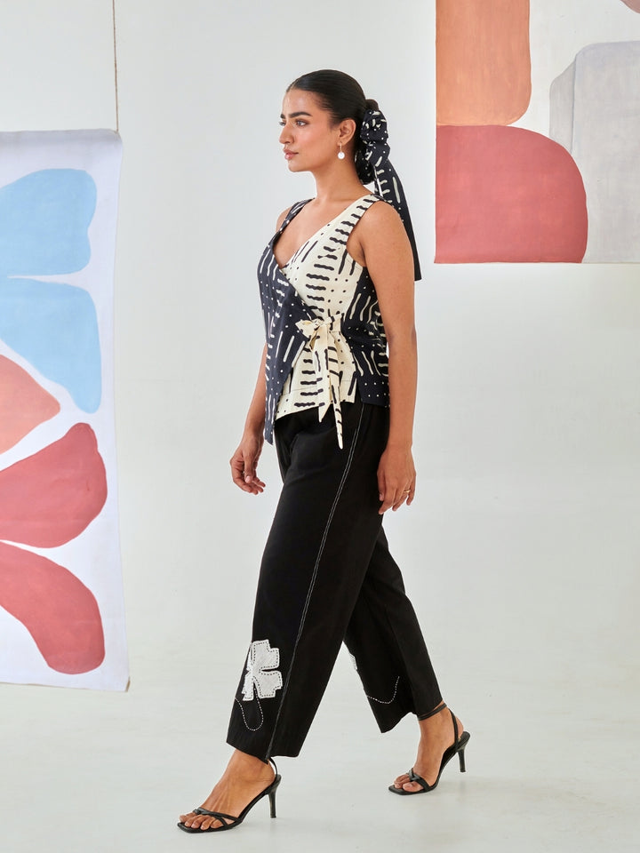 Black & White Abstract Print Wrap Top