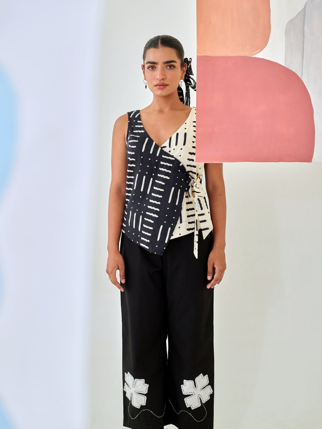 Black & White Abstract Print Wrap Top