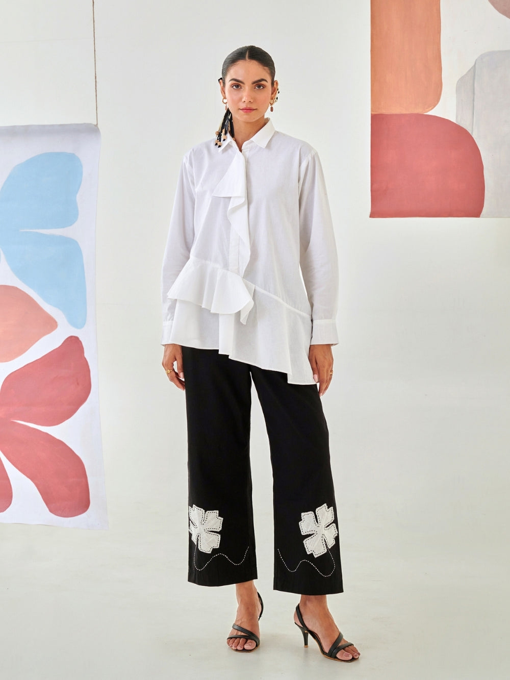 White Asymmetric Shirt With Draped Placket