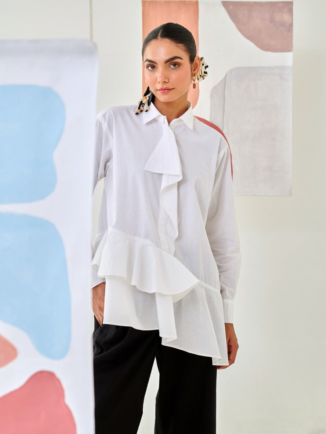 White Asymmetric Shirt With Draped Placket