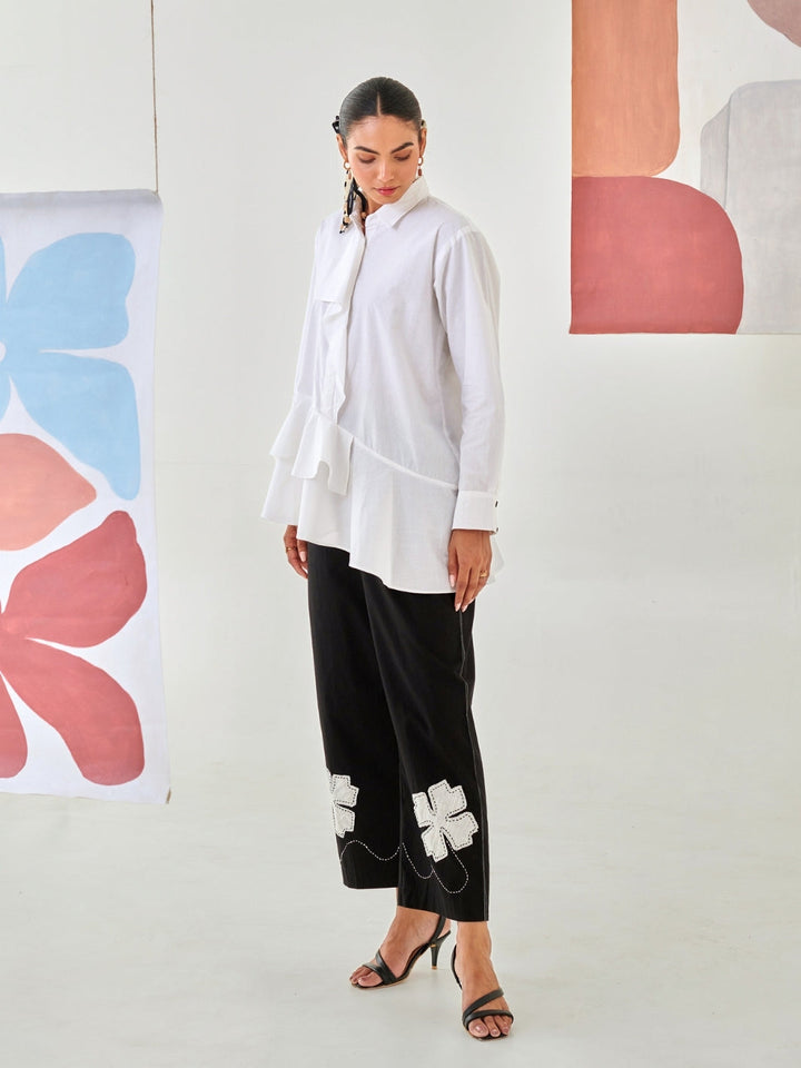 White Asymmetric Shirt With Draped Placket