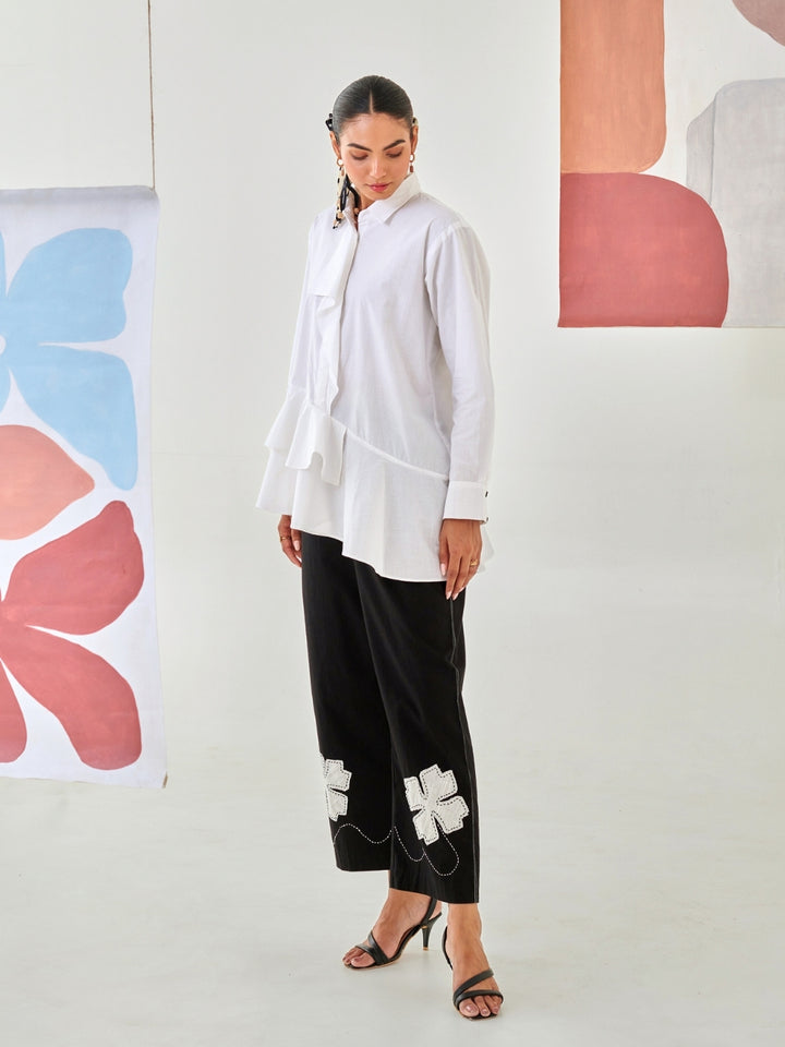 White Asymmetric Shirt With Draped Placket