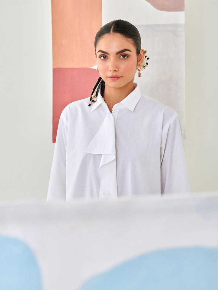 White Asymmetric Shirt With Draped Placket