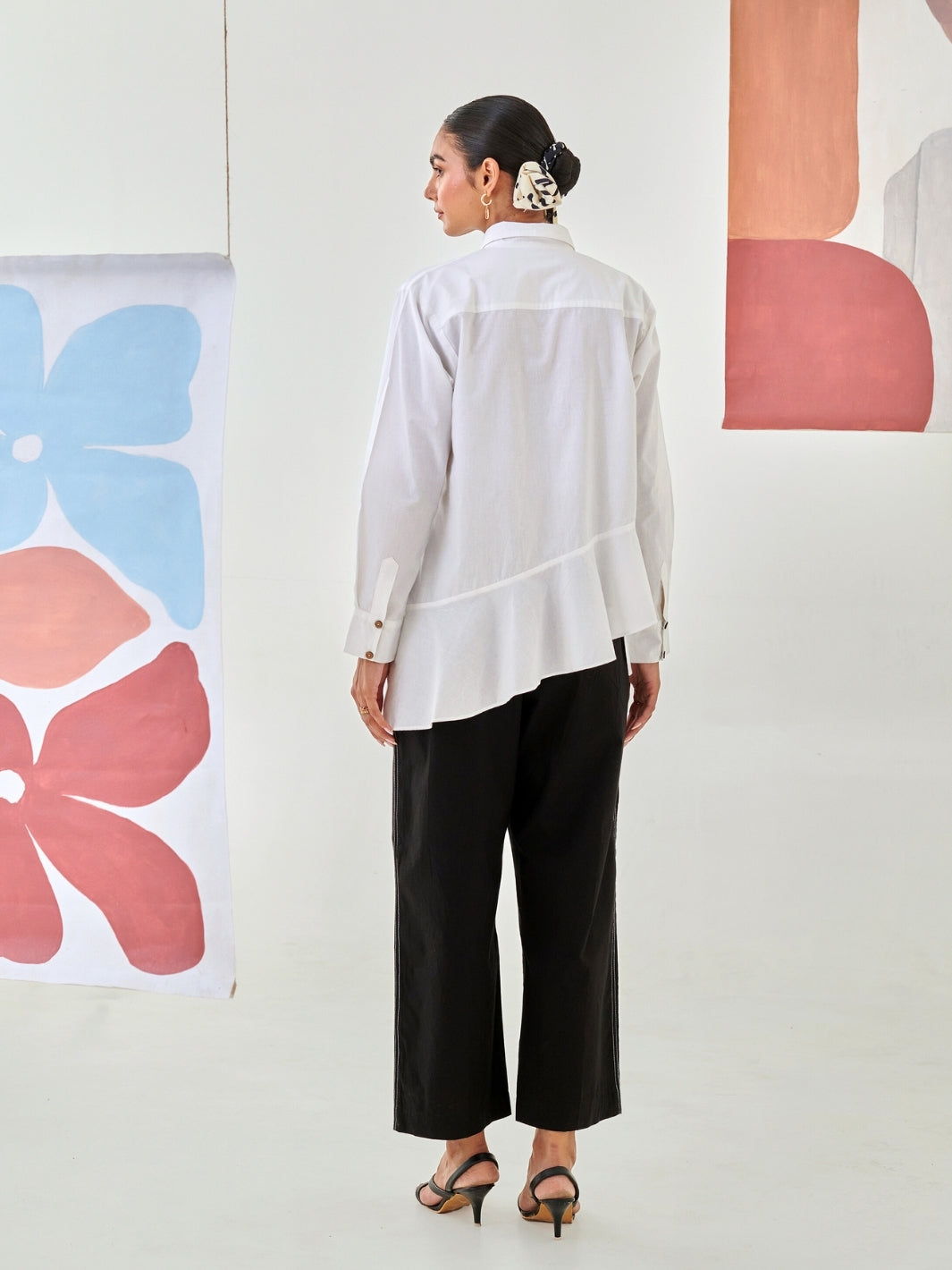 White Asymmetric Shirt With Draped Placket