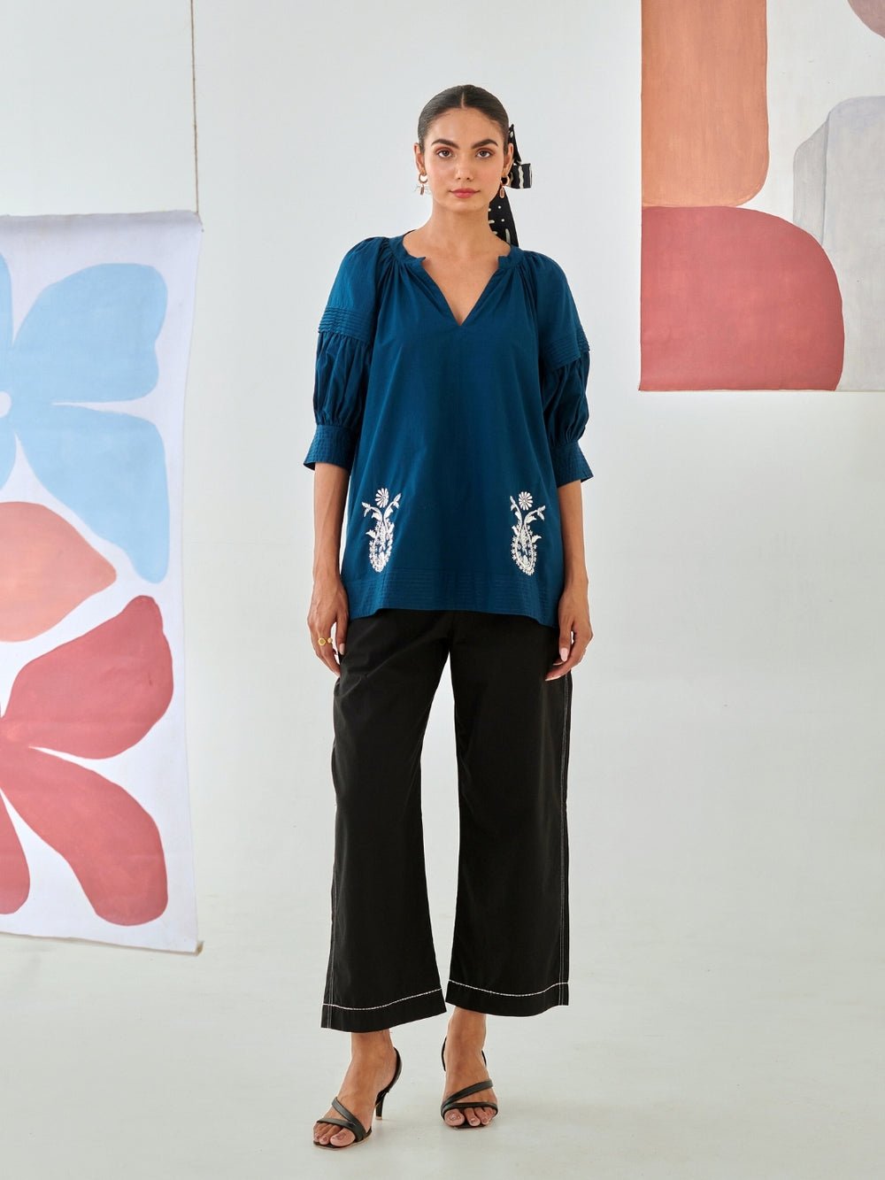 Teal Embroidered Top With Balloon Sleeves